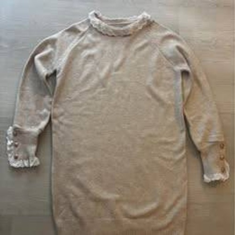 Women's XL Lace Trim Sweater Dress – Beige Knit with Gold Button Cuffs